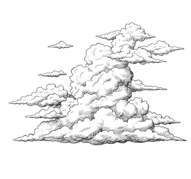 Cloud and cloudiness vintage sketches. Vector hand drawn sky of ancient engraved fluffy clouds, antique map elements