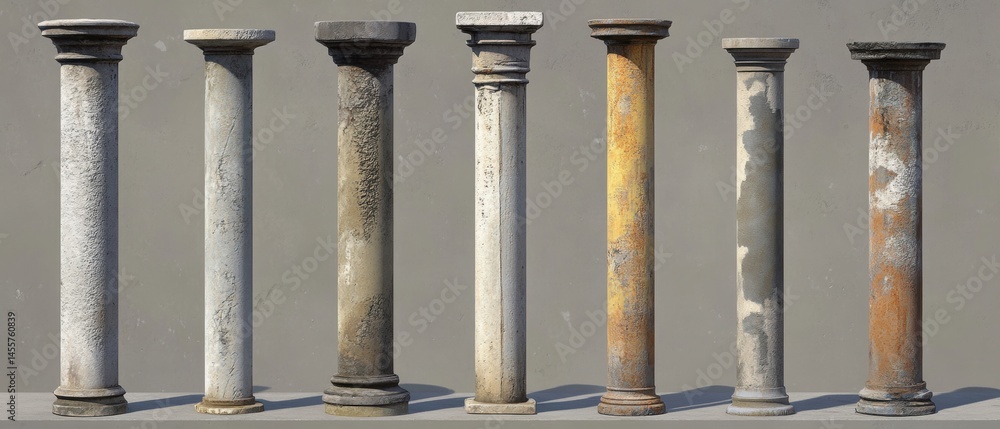 Poster Diverse Array of Weathered and Aged Architectural Columns Standing in a Row Against a Neutral Backdrop