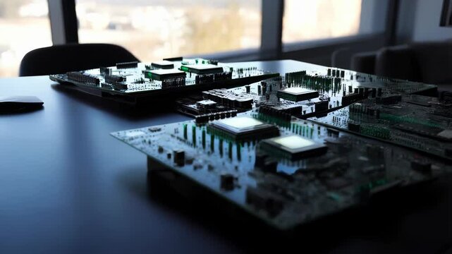 Four circuit boards with processors, showcasing intricate electronics on a sleek table near a window