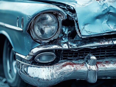 Blue car crashed into a wall