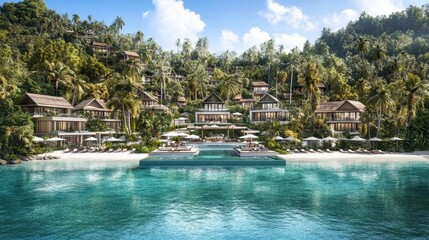 Exclusive tropical island villas nestled amidst lush greenery offering serene vacation escapism and luxury seaside living paradise