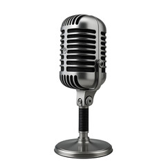 Vintage microphone with metallic mesh and stand, isolated on a plain background.