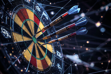 Dartboard with multiple darts hitting target, showcasing precision and focus in vibrant, dynamic setting. image captures excitement of game, emphasizing skill and competition