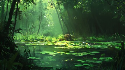 Naklejka premium Serene Green Pond Surrounded By Forest With Lily Pads and Sunlight Painting