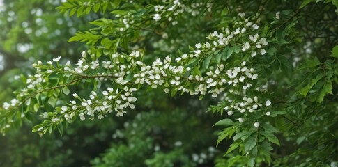 Abundant tiny white flowers adorn a slender branch, surrounded by rich green leaves , botanical image, fresh, spring