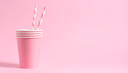 Bright pink paper cups stacked together with striped straws create cheerful and playful atmosphere, perfect for parties or celebrations
