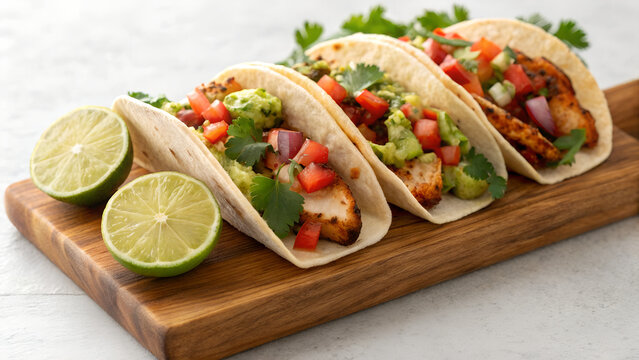 Mexican tacos filled with grilled chicken, salsa, guacamole, and cilantro served on a wooden board with lime wedges