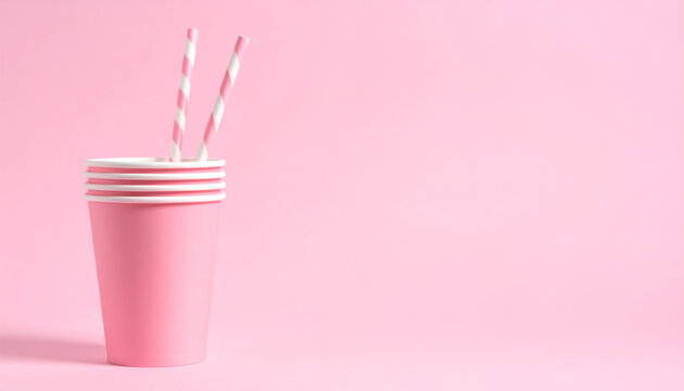 Bright pink paper cups stacked together with striped straws create cheerful and playful atmosphere, perfect for parties or celebrations