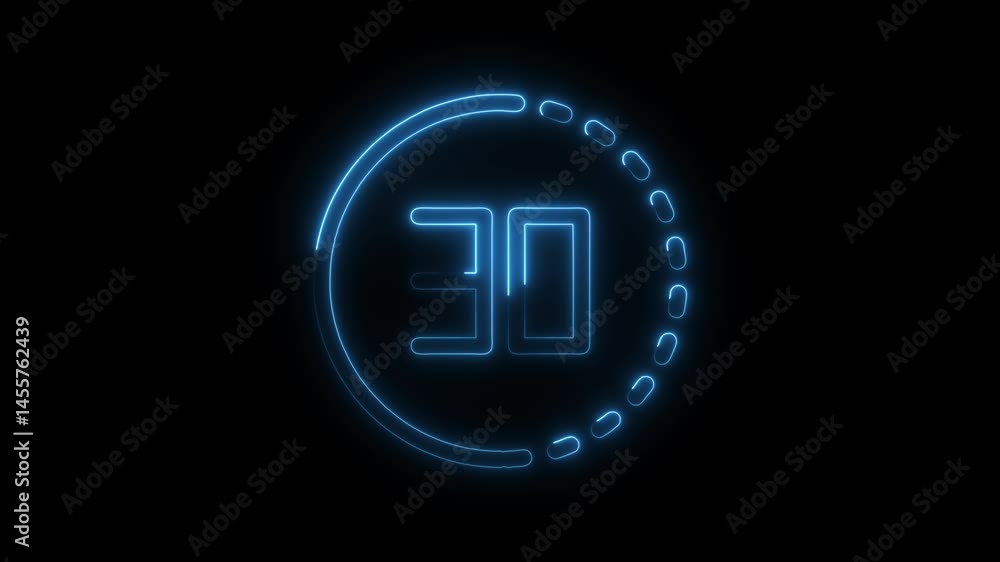 Poster neon countdown timer 30 seconds glowing blue minimal design on black
