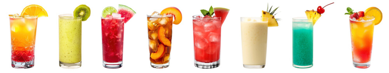 PNG Colorful refreshing fruit cocktails lineup, element set on transparent background