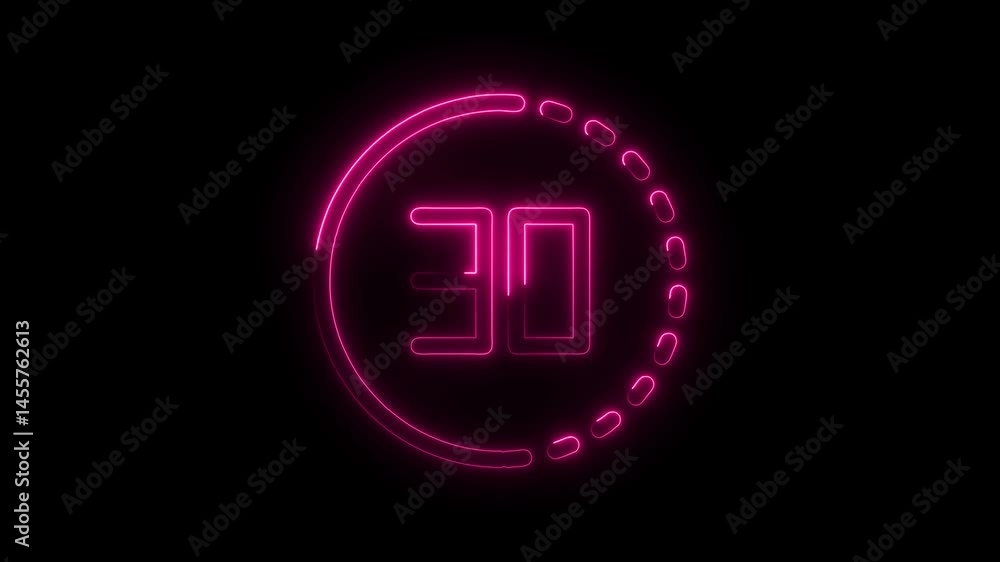 Poster glowing neon 30 second countdown timer isolated on black background