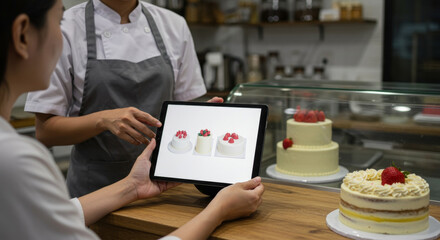 Asian women in chef's clothing discussing cake designs on a tablet in a bakery. Displaying dessert options with a wooden counter and display cases in the background.