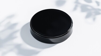 A black jar with a lid sits on a white surface.