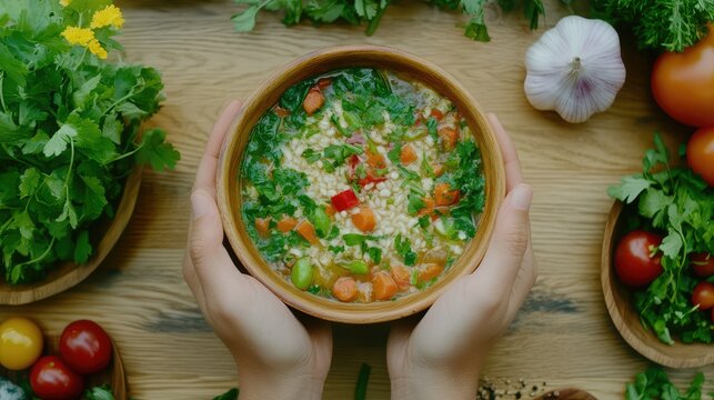 Mano sirviendo sopa vegetariana humeante en un taz, mesa de madera decorada con ingredientes naturales