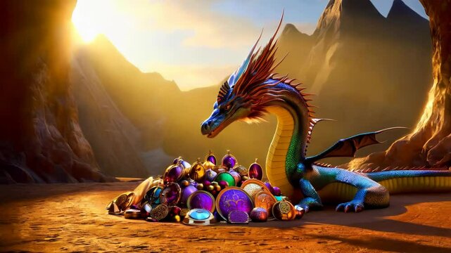 Majestic dragon guarding a treasure hoard of glittering jewels at sunrise in a mountainous landscape