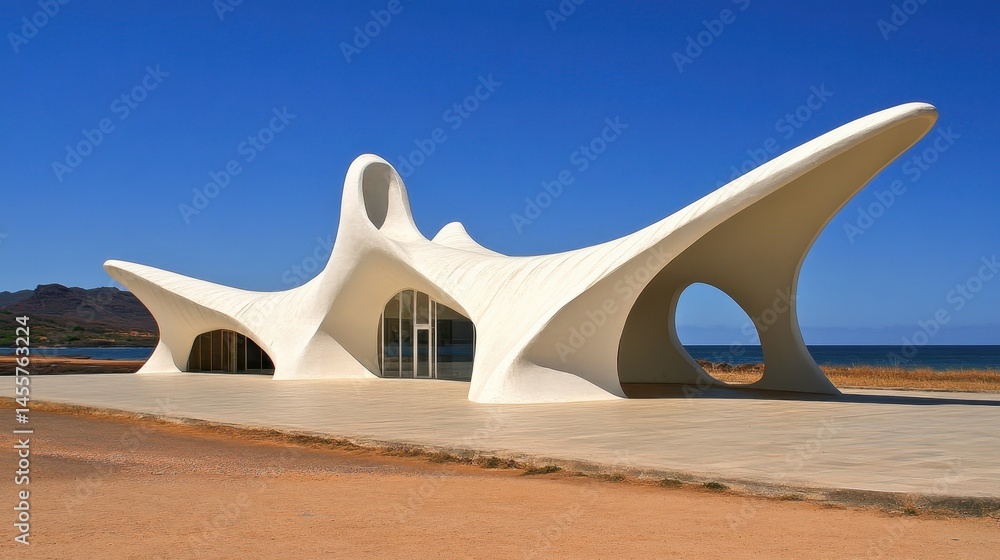 Poster modern architecture on the coastline a futuristic building design with white concrete and ocean view