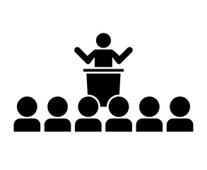 Person speaking at podium and mass silhouette icon. Vector.