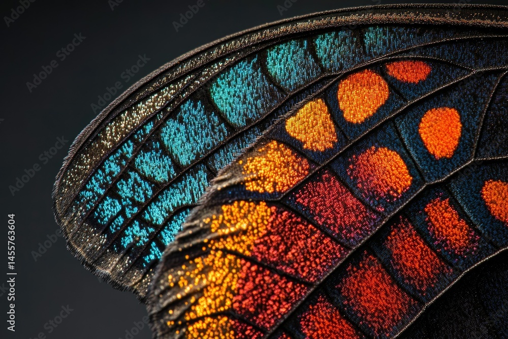 Poster close-up image showcasing the iridescent scales and vibrant colors of a butterfly wing's intricate p
