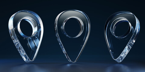 3d glass transparent map pins set on dark blue background. Crystal light holographic gps navigation icons, location tags, travel app destination marks, delivery address symbols render. 3D illustration