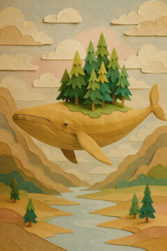 Fantasy scene: A majestic whale soars through a paper landscape, carrying a forest of trees on its back, over a river and hilly terrain.