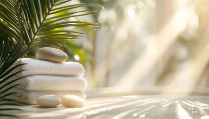 Obraz premium Soft white towels are neatly stacked beside smooth spa stones, surrounded by lush green foliage, creating serene and tranquil atmosphere perfect for relaxation and rejuvenation