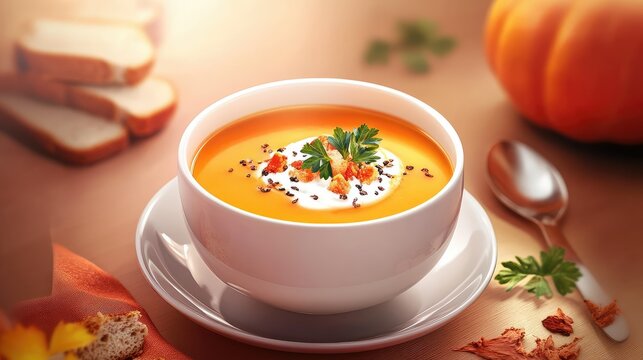 Sopa cremosa de calabaza servida en taz, acompaada de pan integral, escena acogedora de cena ligera y saludable