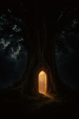 Fototapeta premium Mystical portal within an ancient tree beckons. A gateway to another world, bathed in ethereal light, creates an enchanting scene.