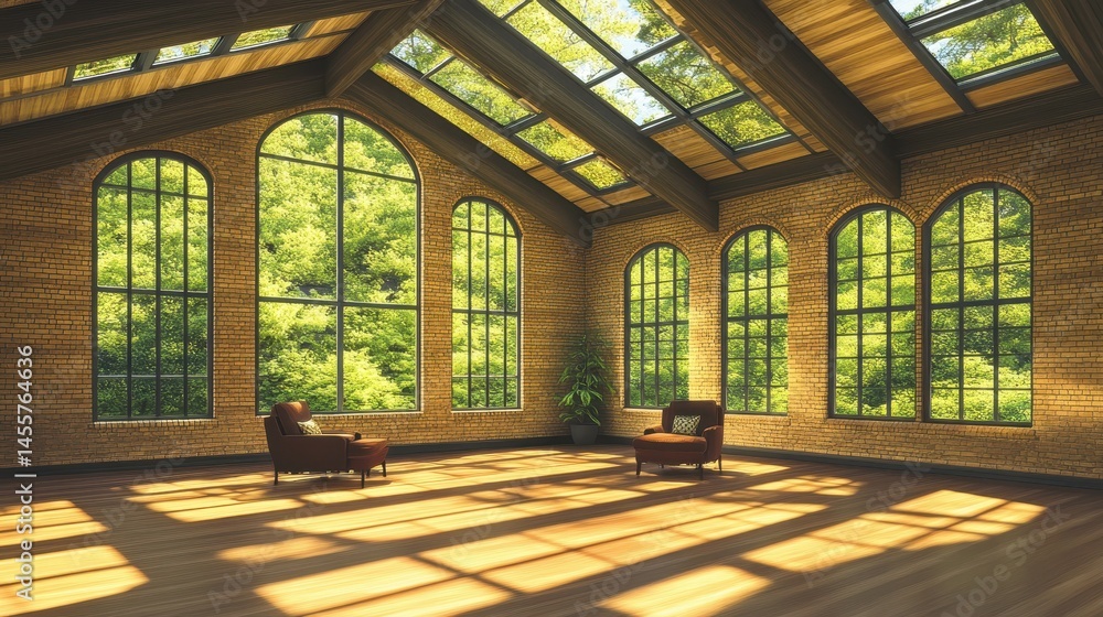 Poster sunlight streaming through arched windows in a spacious loft creates a calming and bright atmosphere
