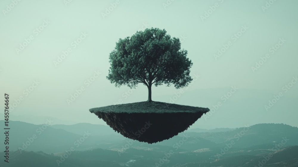 Poster a lone tree stands on a floating island in a hazy landscape.