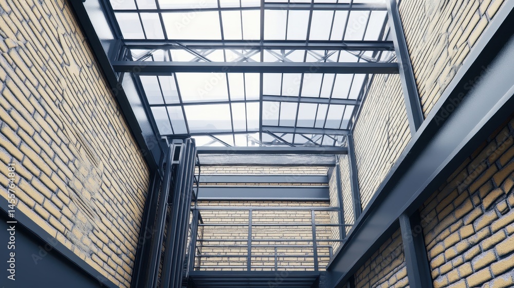 Poster modern architecture interior design with structural framework and exposed brick walls showcasing an 