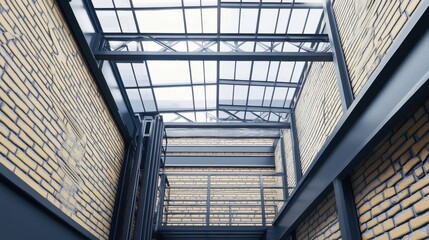 Obraz premium Modern architecture interior design with structural framework and exposed brick walls showcasing an urban aesthetic and constructional elements