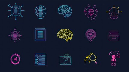 Flat vector icon set featuring AI brain, robot, chip, data analysis, and chatbot icons in pastel or neon tones