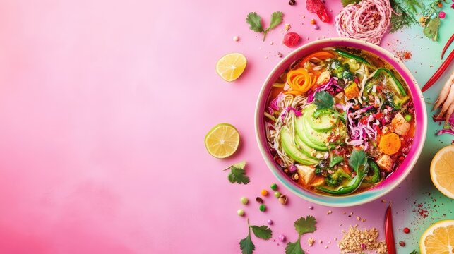 Vista superior de tazn con sopa diettica de verduras, colores vibrantes, ambiente clido y acogedor de cena casera