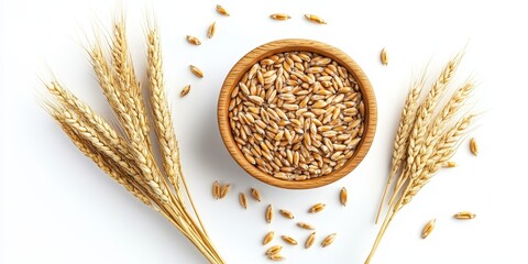 Golden wheat grains in wooden bowl with sheaves of wheat food farm crop rural bread field plant still