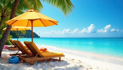 Fototapeta premium Beach vacation scene with sun loungers and beach toys, family, coast, sun