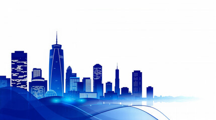 Fototapeta premium Abstract banner in blue tones with cityscape skyscrapers silhouettes for business theme