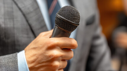 Close up of hand holding microphone, showcasing business suit with textured pattern. image conveys professionalism and readiness for presentation or speech
