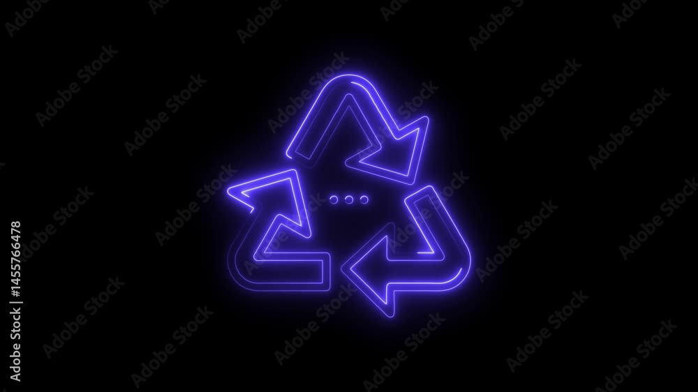 Poster animated glowing neon recycle symbol on a black background with circular dots