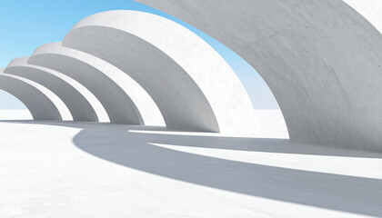 Fototapeta premium Modern architectural design features curved concrete structures casting shadows on bright, minimalist landscape. interplay of light and shadow creates serene atmosphere