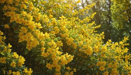 Obraz premium Vibrant yellow floral backdrop Sunlit blossoms, lush leaves, leaves, garden