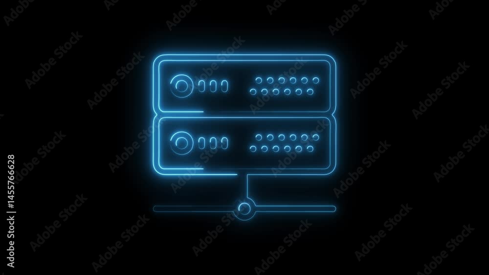 Poster glowing neon server rack icon animation on black background for technology concepts