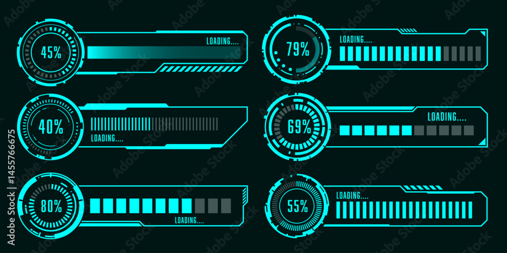 Poster set of modern loading progress bar hud user interface elements technology design