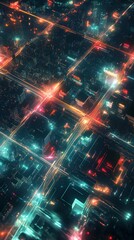 Aerial view of a smart city grid at night with light patterns