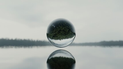A glass sphere with a reflection of a forest on its surface.