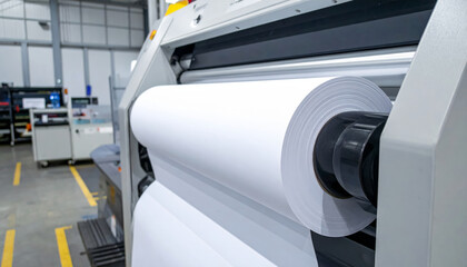 High quality blank paper roll large printing machine, showcasing smooth texture and pristine surface ideal for various printing applications. industrial setting enhances professional atmosphere