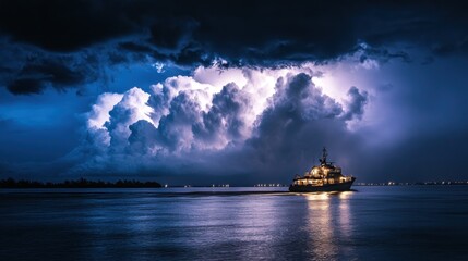 Ship Sailing Through a Majestic Thunderstorm at Night