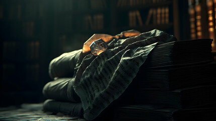 Person Resting On Stacked Books In Dark Library