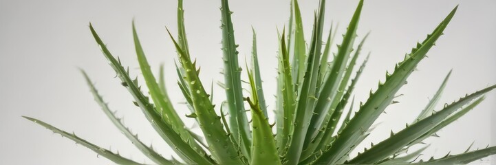 Fototapeta premium A single aloe vera plant, leaves spread, isolated on white , isolated, fresh, macro