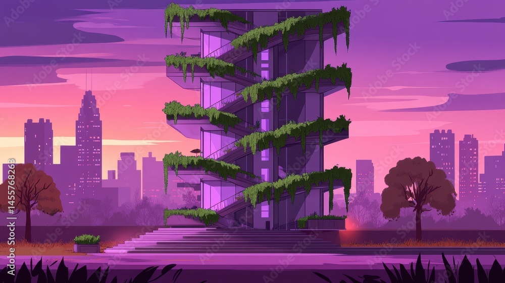Poster pixelated metropolis scenery a vibrant dusk time tower structure with verdant growth in game style d