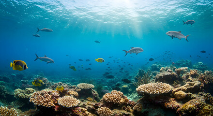 Fototapeta premium Underwater Coral Reef Scene with Various Fish Swimming in Clear Blue Water